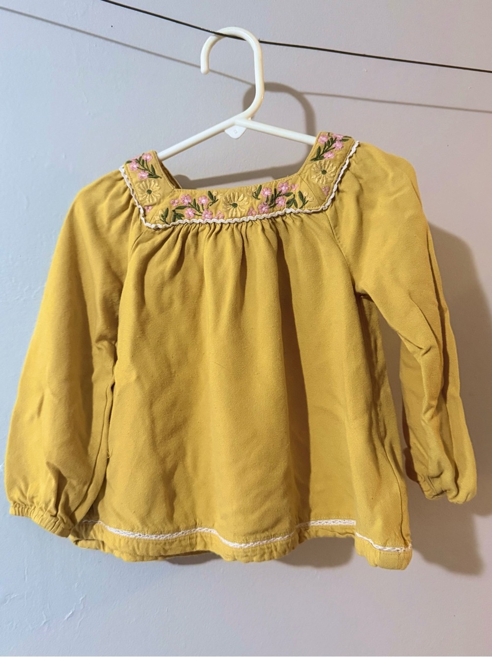 Joie Mustard Yellow Top with Pink & Green Floral Embroidery